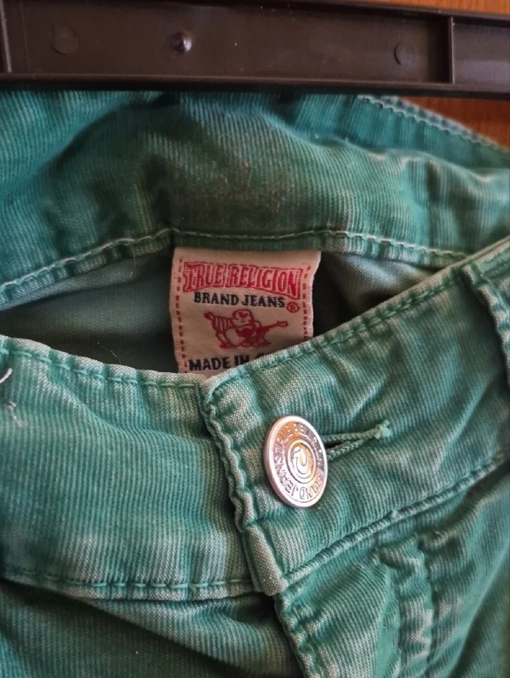 True Religion Green Pants with Metal Logo Button Size 34